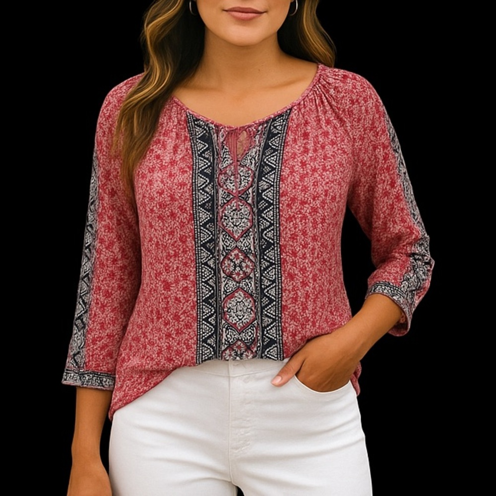 Lucky Brand Red Boho Peasant Top S Floral Print Tassel Tie 3/4 Sleeve Festival